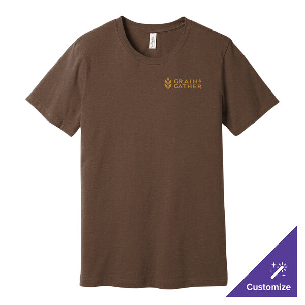 A Bella + Canvas heather brown t-shirt with a logo on it.