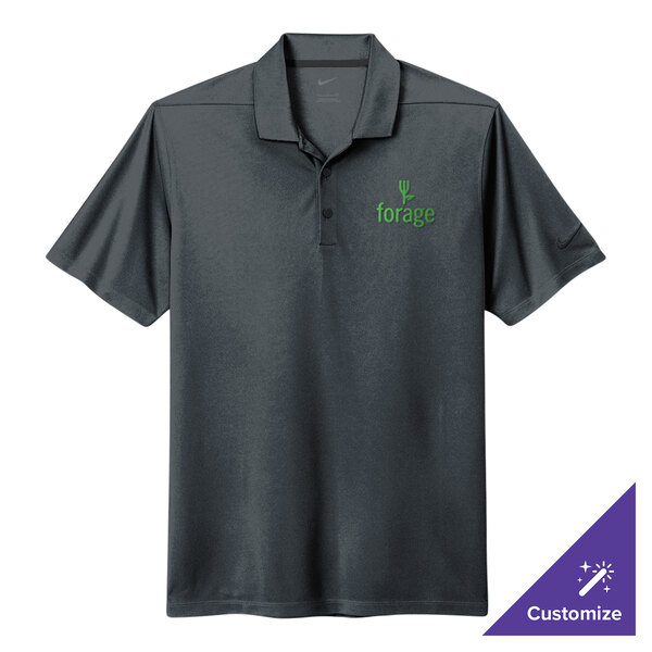 A grey Nike Dri-FIT polo shirt with green logo embroidery.