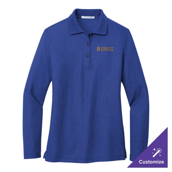 A royal blue long sleeve Port Authority women's polo shirt.