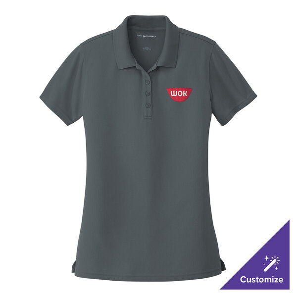 A medium women's graphite Port Authority polo shirt with a logo on it.