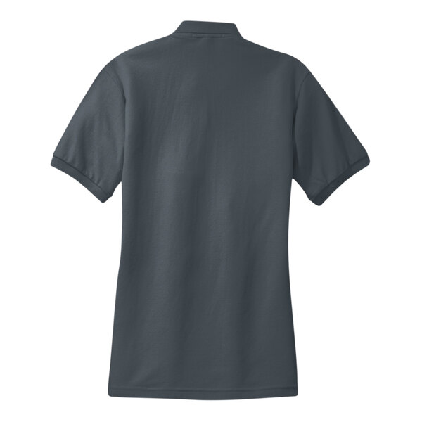 A back view of a women's steel gray Port Authority polo shirt with a collar.