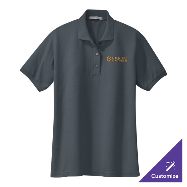A large steel gray Port Authority women's polo shirt with a logo on it.