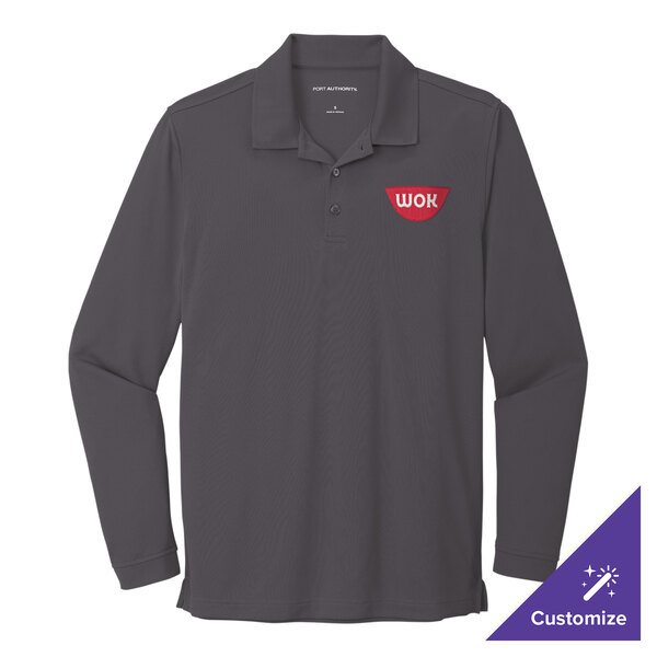 A graphite Port Authority long sleeve polo shirt with a logo on the chest.
