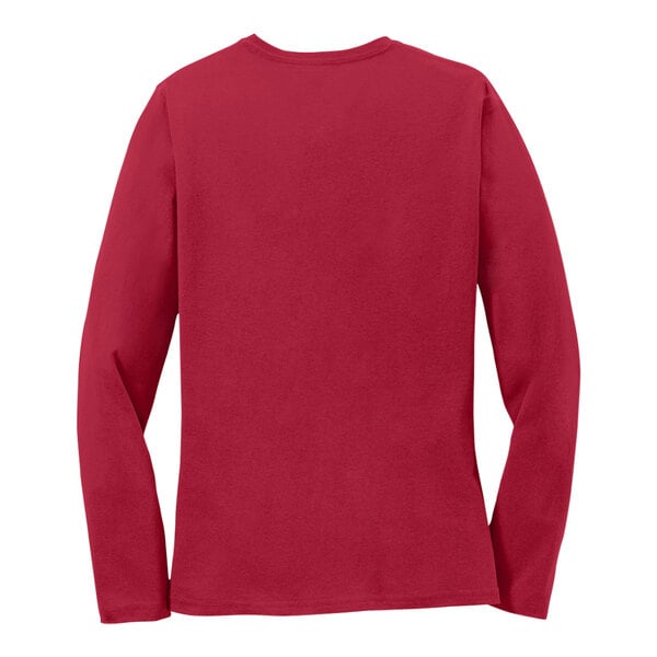 A red Port & Company long sleeve t-shirt for women.