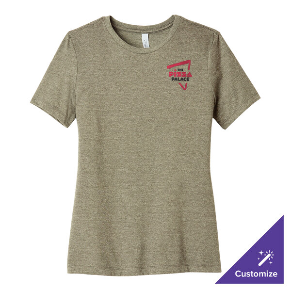 A heather stone Bella + Canvas women's short sleeve t-shirt with a logo on it.