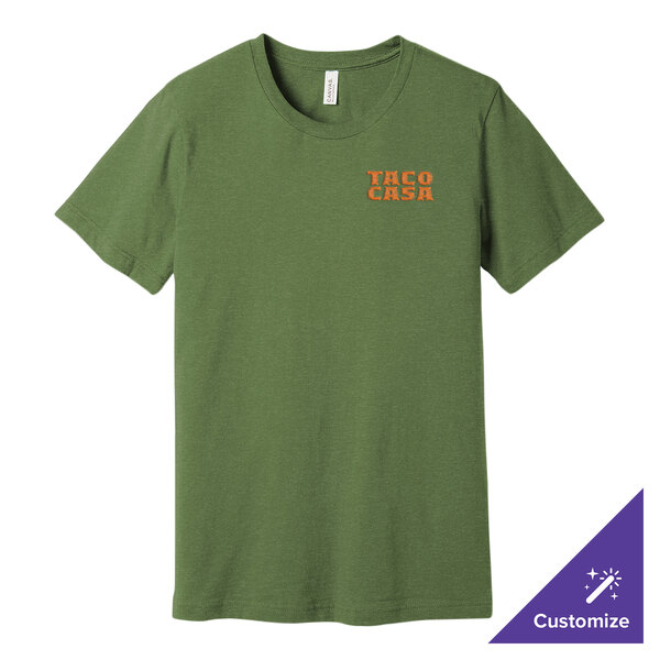 A heather green Bella + Canvas t-shirt with orange and white text that says "t-shirt".