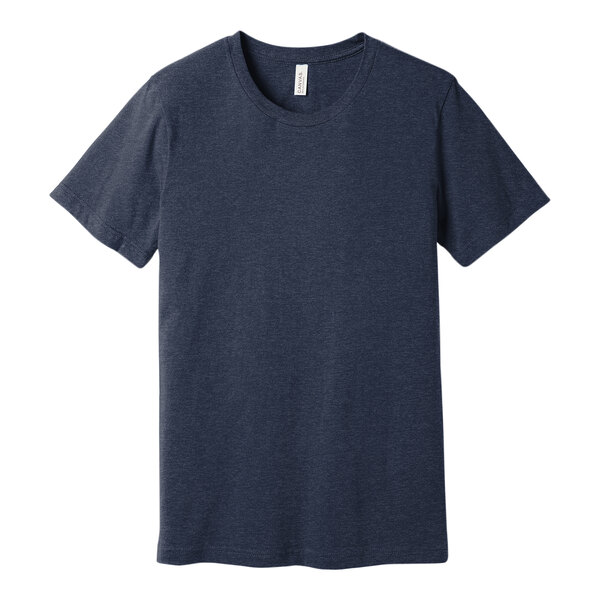 A Bella + Canvas heather midnight navy blue customizable short sleeve t-shirt.