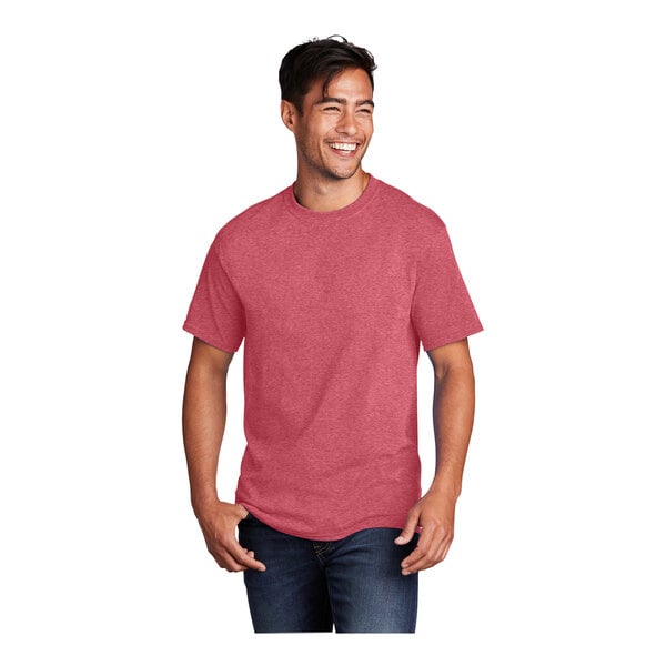 A man smiling and wearing a heather red Port & Company short sleeve t-shirt.