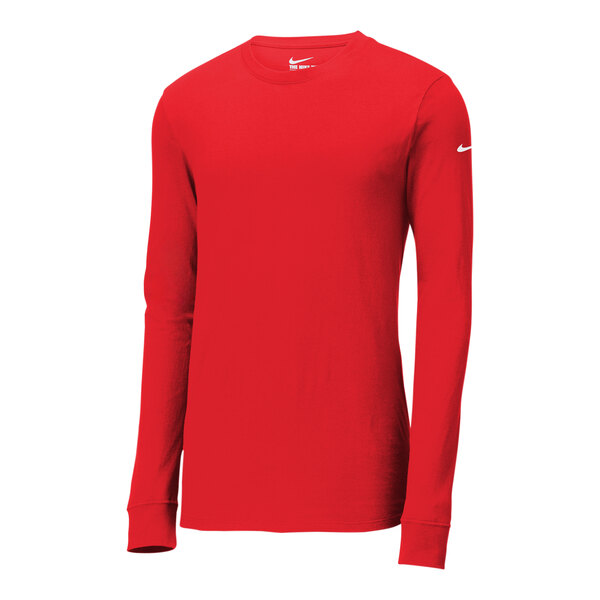A red Nike Dri-FIT long sleeve shirt with a white collar.