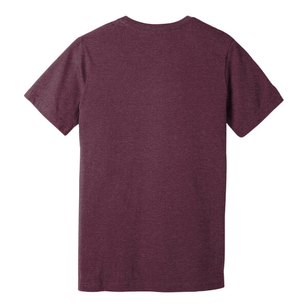 The back of a heather maroon Bella + Canvas customizable t-shirt with a small logo on the front.
