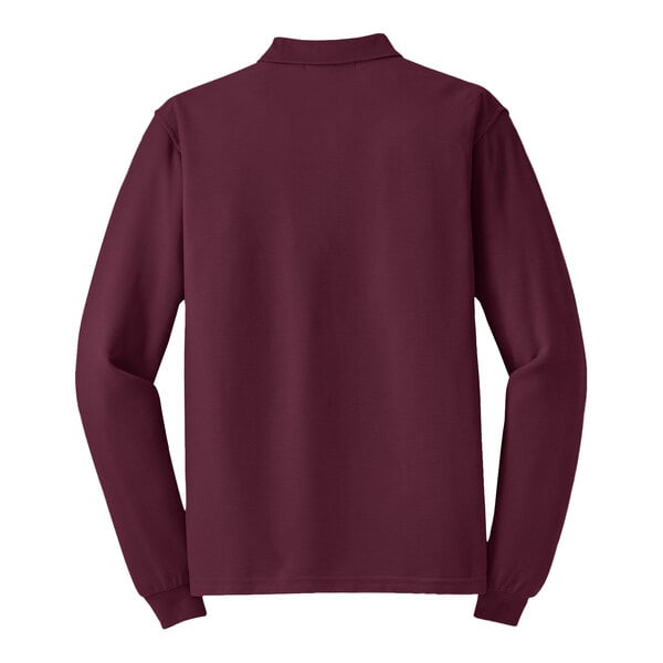 A back view of a small burgundy Port Authority long sleeve polo shirt.