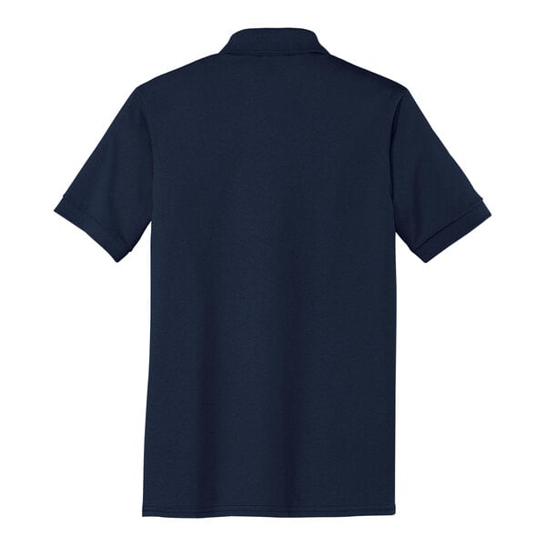 The back of a Port & Company navy polo shirt.