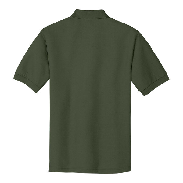 The back of a Port Authority green short sleeve polo shirt.