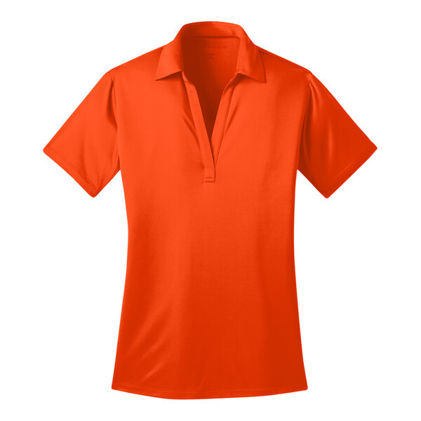 A Port Authority women's neon orange polo shirt with a collar and short sleeves.