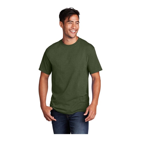 A man wearing an olive drab green Port & Company T-shirt.