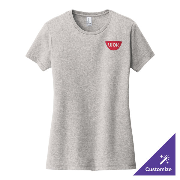 A light heather grey District women's customizable t-shirt with a logo on it.