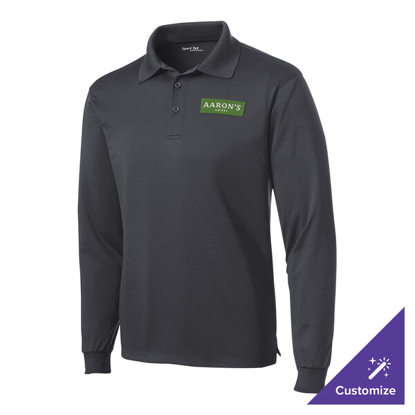 A Sport-Tek Iron Gray long sleeve polo shirt with a green logo.