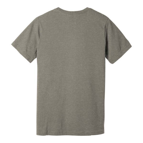 The back of a grey Bella + Canvas customizable t-shirt.