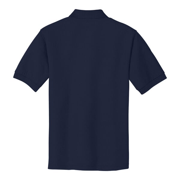 The back of a Port Authority navy polo shirt.