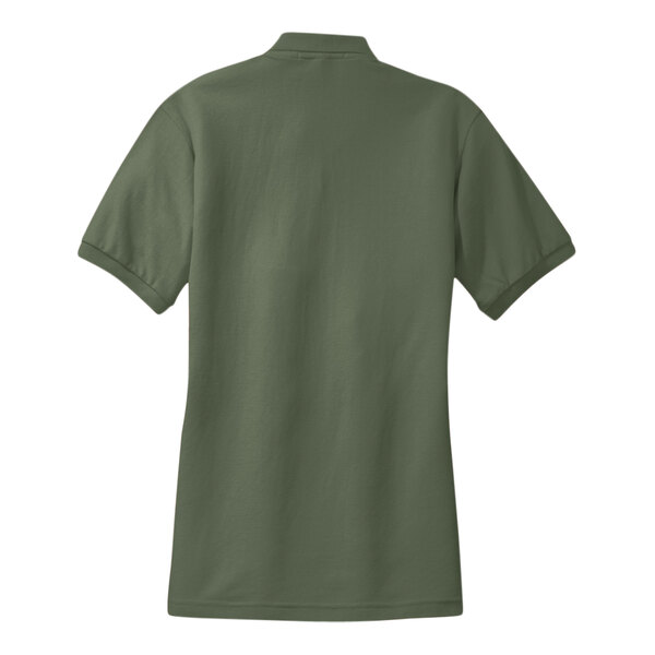 A back view of a Port Authority women's clover green short sleeve polo shirt with a white collar.
