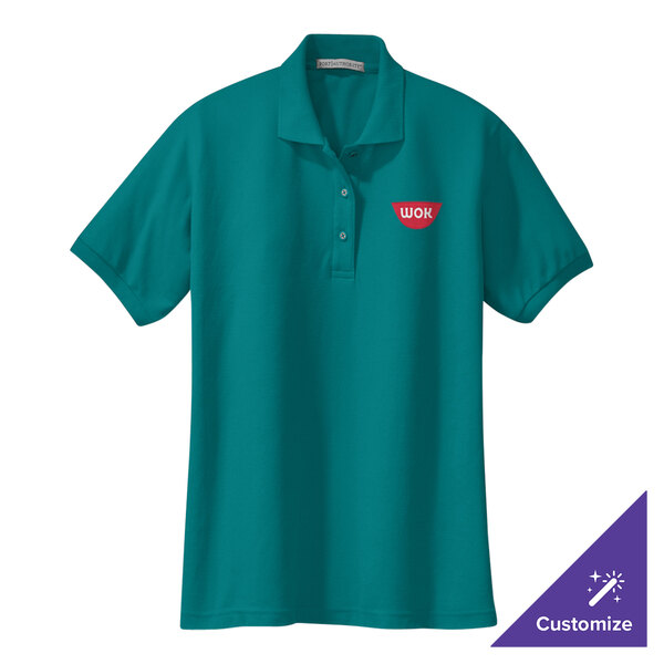 A teal green Port Authority women's polo shirt with a logo on the chest.