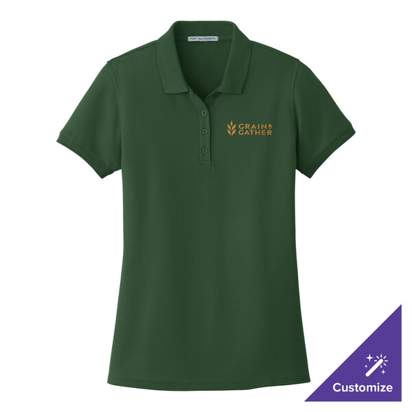 A Port Authority women's deep forest green polo shirt with a logo on it.