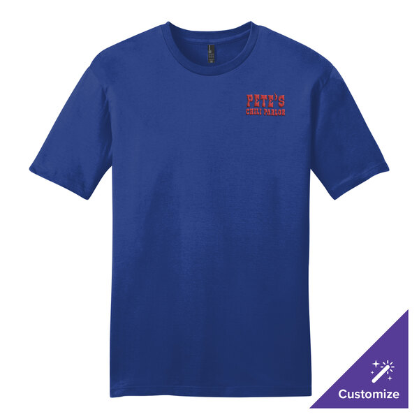A small deep royal blue District unisex t-shirt with red logo text.