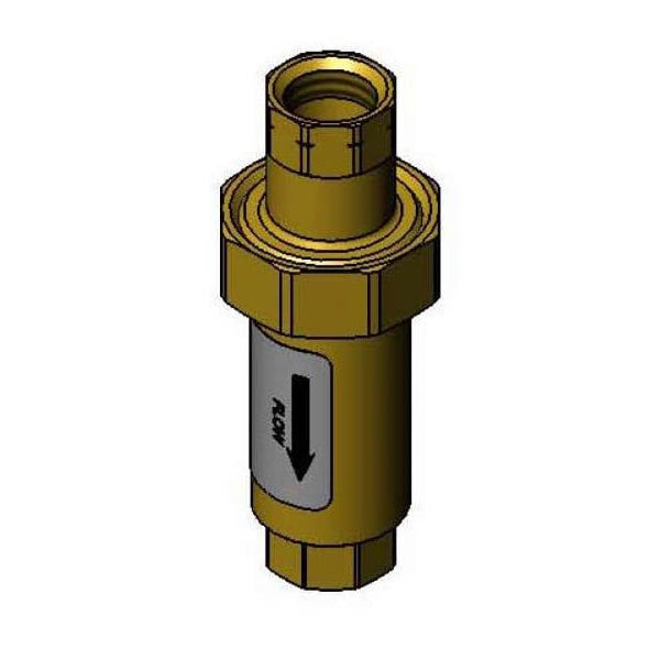 A gold backflow preventer valve with black arrow.