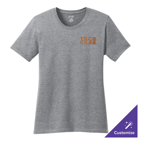 A women's athletic heather grey t-shirt with an orange and white logo.