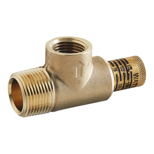 A brass Watts poppet type pressure relief valve with threaded connections.