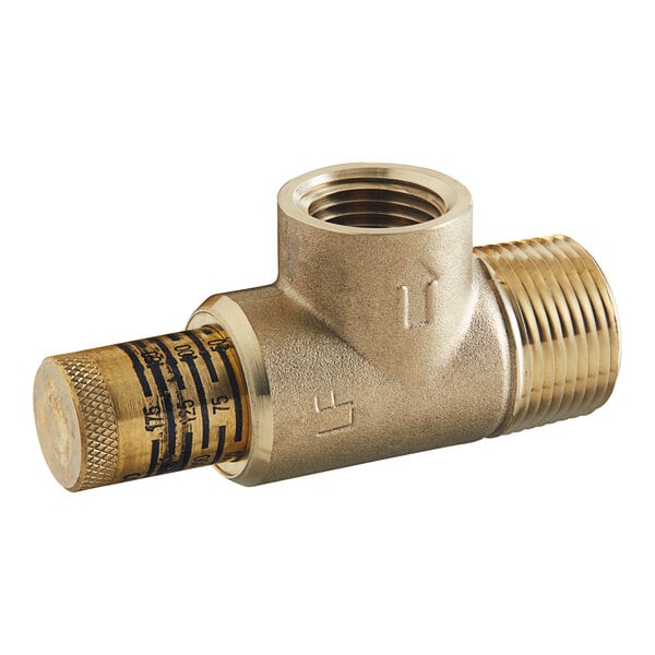 A brass Watts poppet type pressure relief valve with a gold handle.