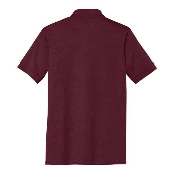 A close-up of a maroon Port & Company polo shirt.