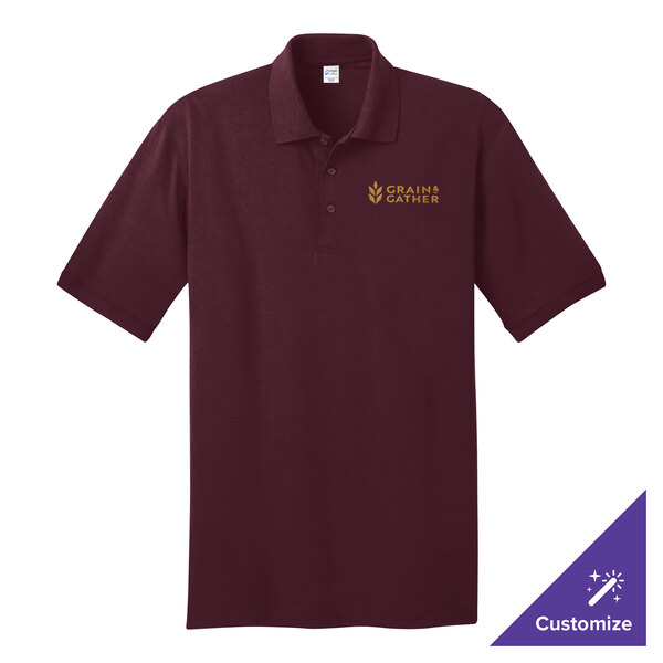 A maroon Port & Company polo shirt with a logo on it.