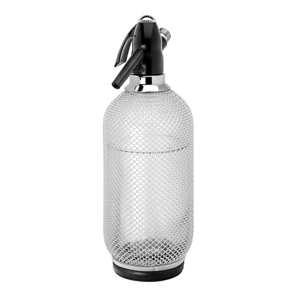 A white and black metal Utopia soda siphon.