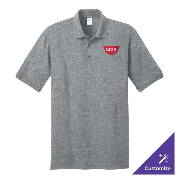 A grey Port & Company polo shirt with a logo on it.