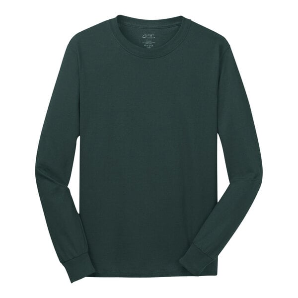 A Port & Company dark green long sleeve t-shirt.