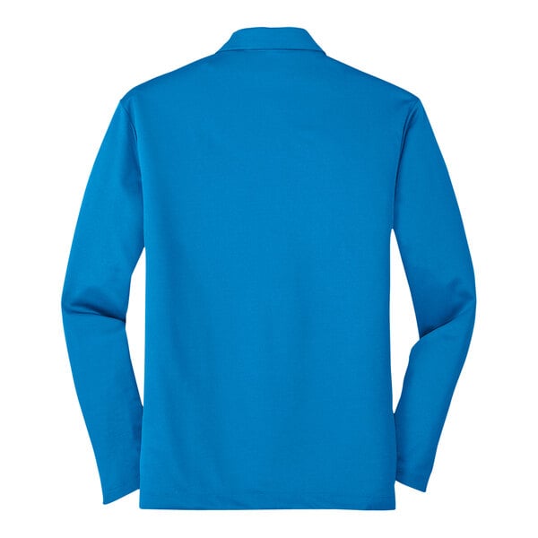 A back view of a Port Authority Brilliant Blue long sleeve polo shirt.