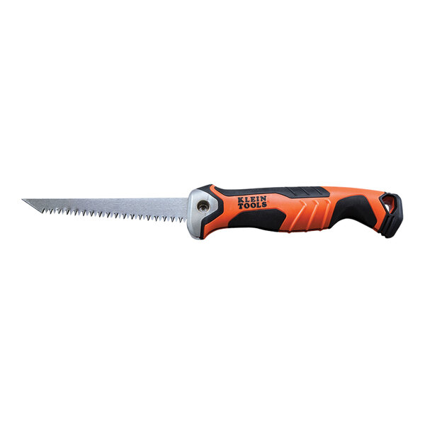 A Klein Tools folding jab saw with a black handle.