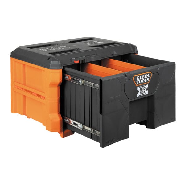 A black and orange Klein Tools toolbox with a single drawer.