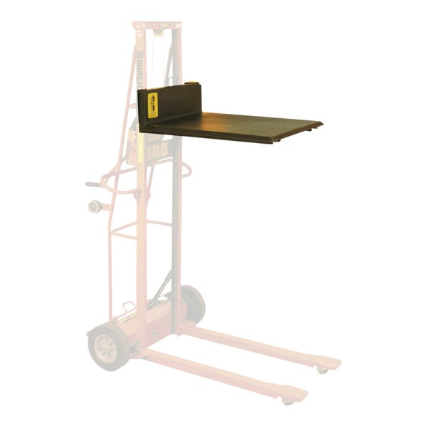 A hand truck with a black shelf.