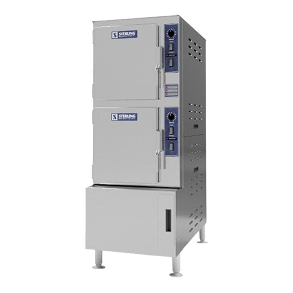A Sterling Manufacturing stainless steel convection floor steamer with a boiler base on the bottom.
