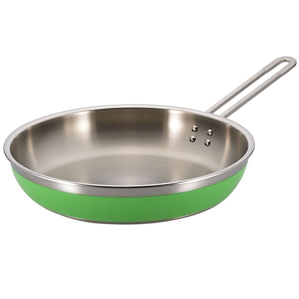 A green Bon Chef saute pan with a long handle.