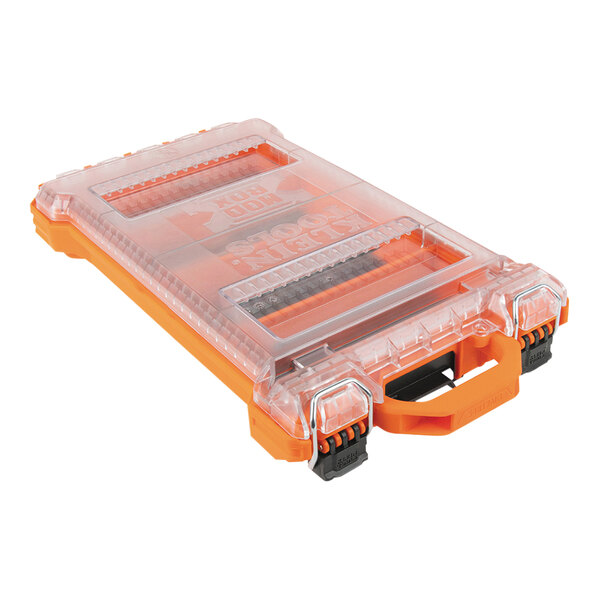 An orange plastic Klein Tools component box with a clear lid and a handle.