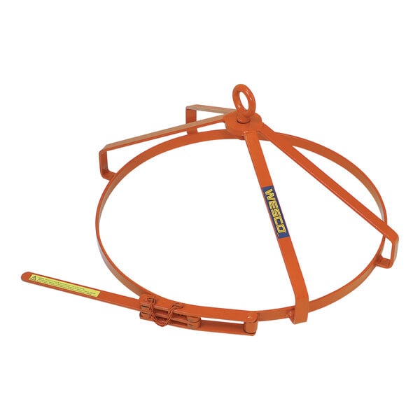 An orange metal Wesco Industrial Products drum lifter clamp with a handle.