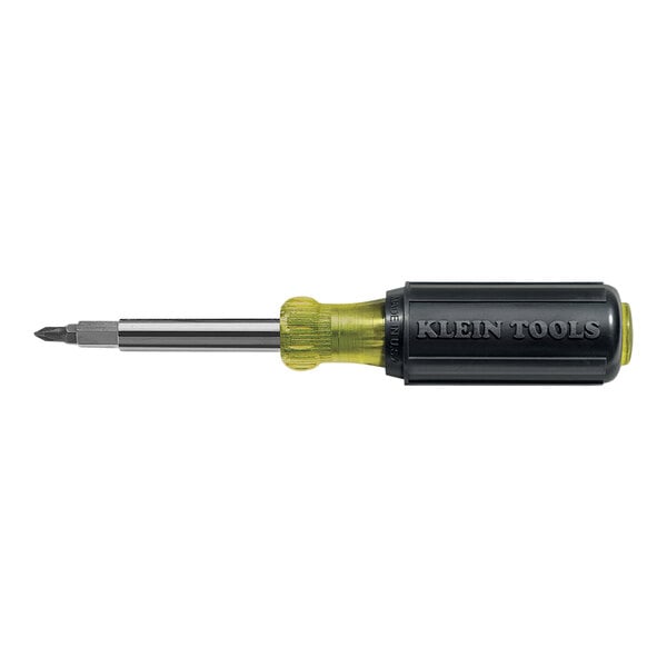 A Klein Tools screwdriver with a yellow handle.