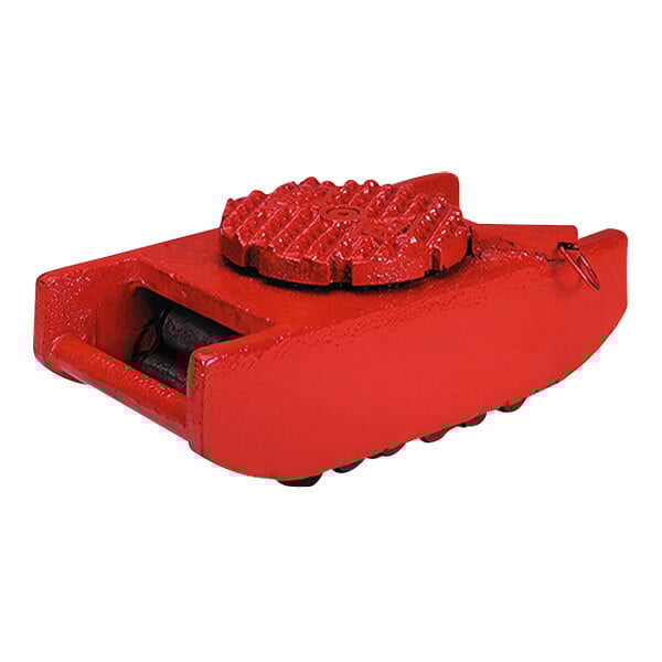A close-up of a red Wesco HeviMover machine roller with a wheel and a hole in the middle.