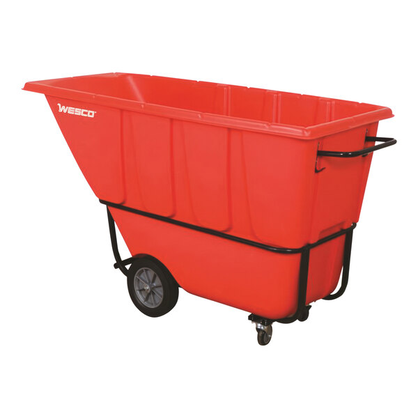 A red plastic container on wheels with black handles.