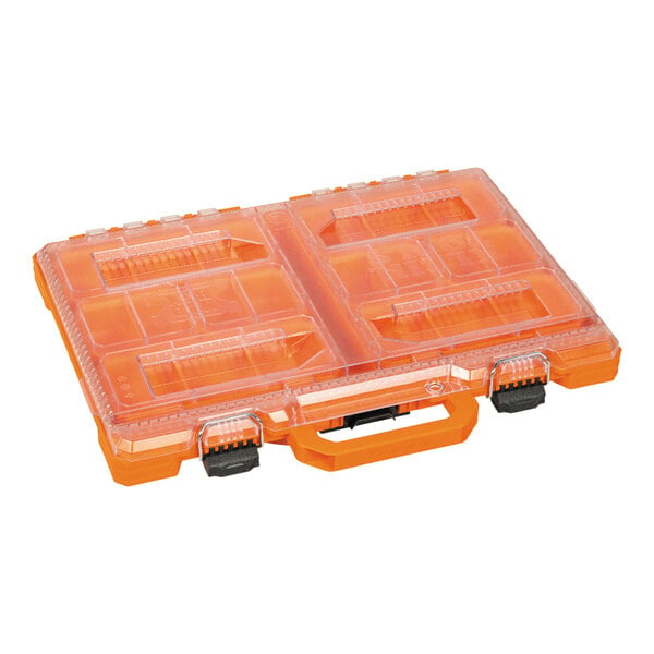 An orange plastic Klein Tools MODbox with compartments and a handle.