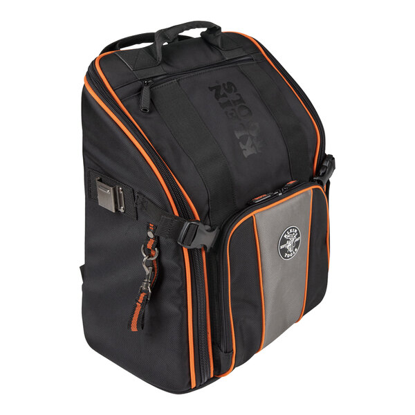 A black and orange Klein Tools backpack with a zipper.