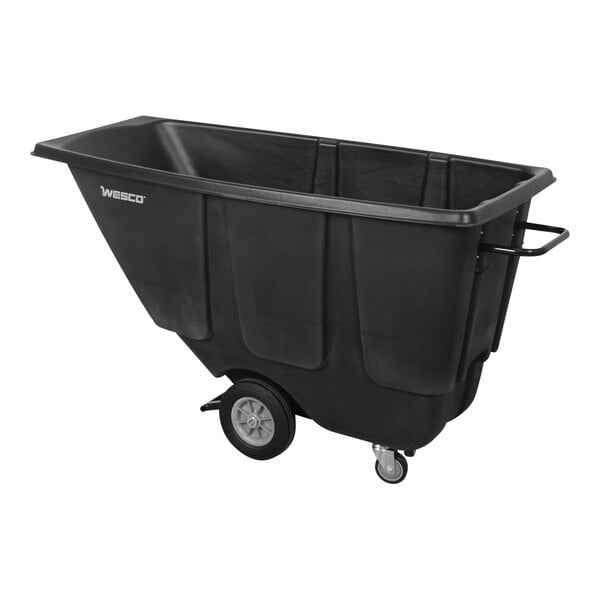 A black plastic container with wheels.